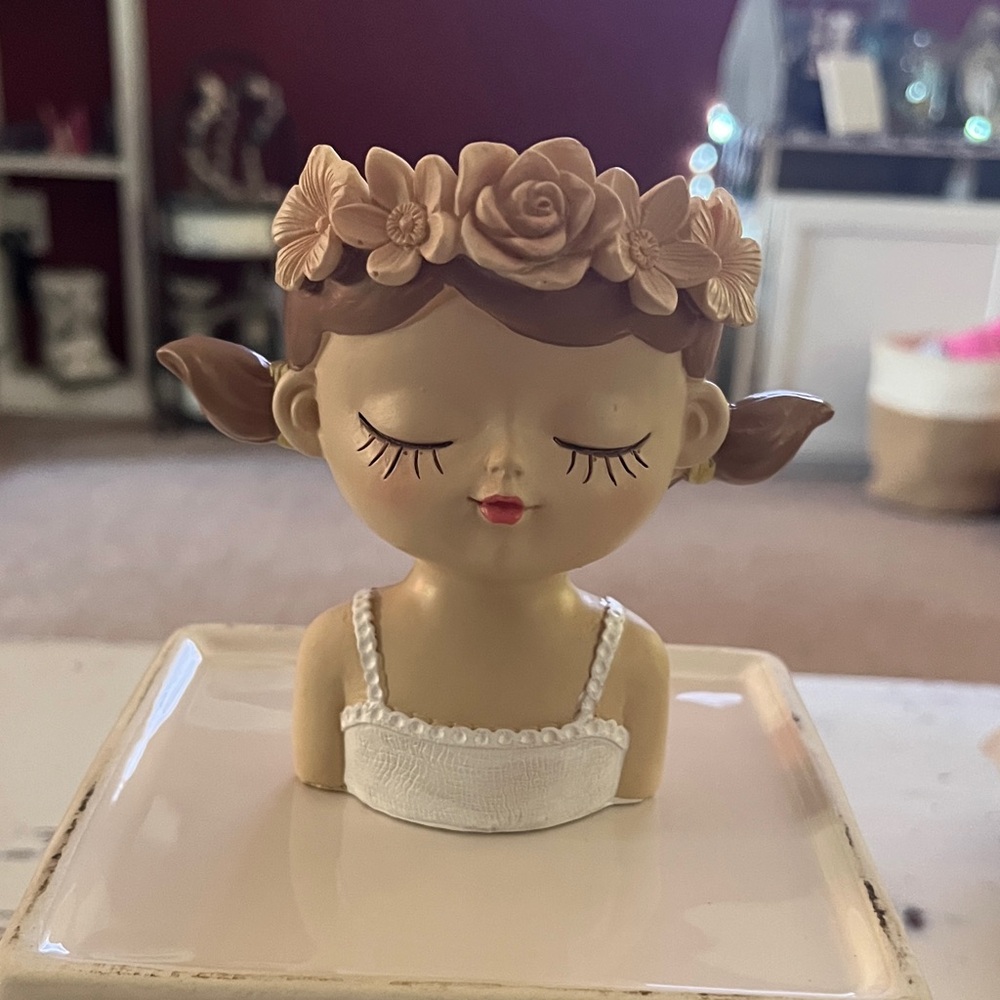 Whimsical Floral Headband Girl Figurine - Tan and White/ Flower Pot.